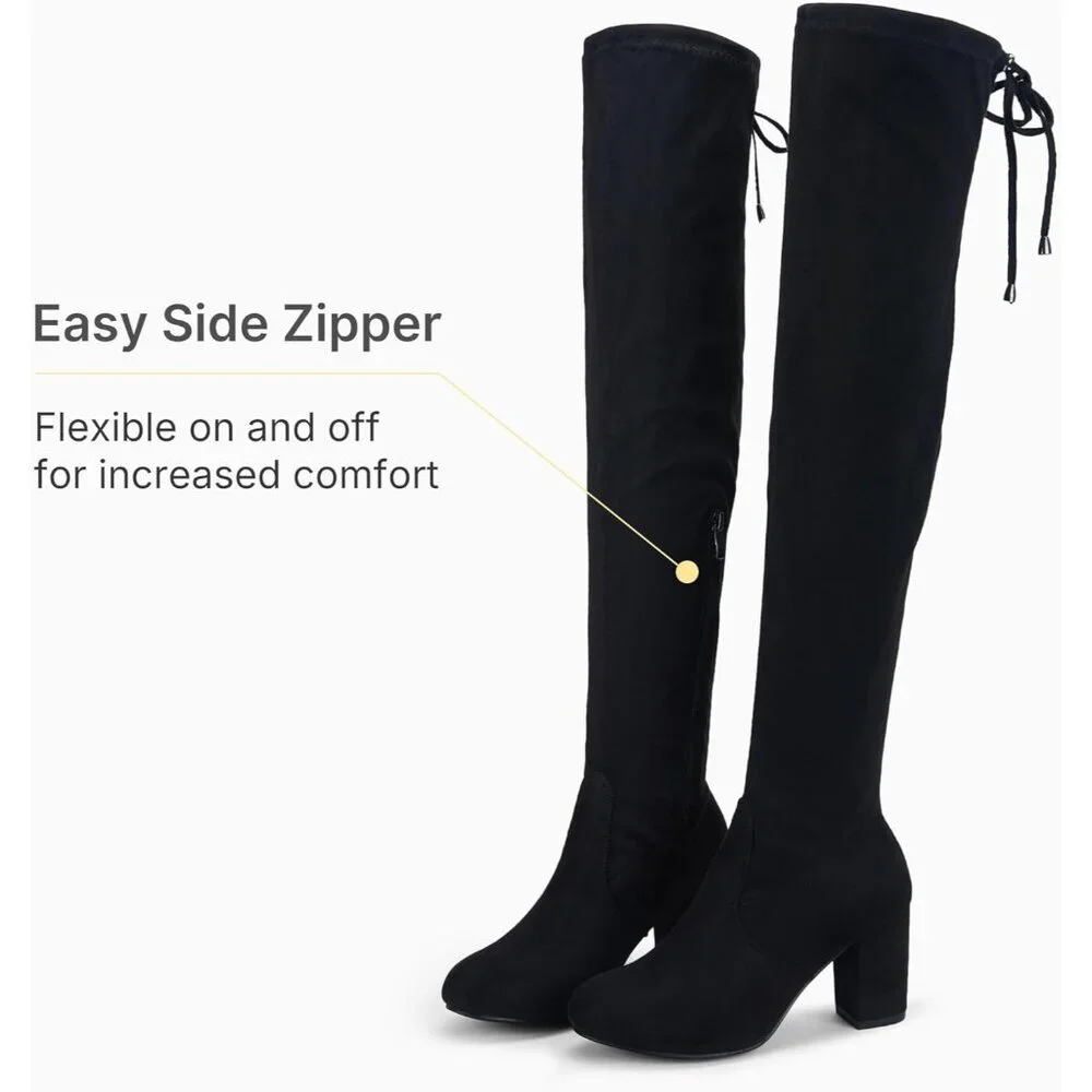 Women's Black Suede Chunky Heels Zipper Over The Knee High Adjustable Boots